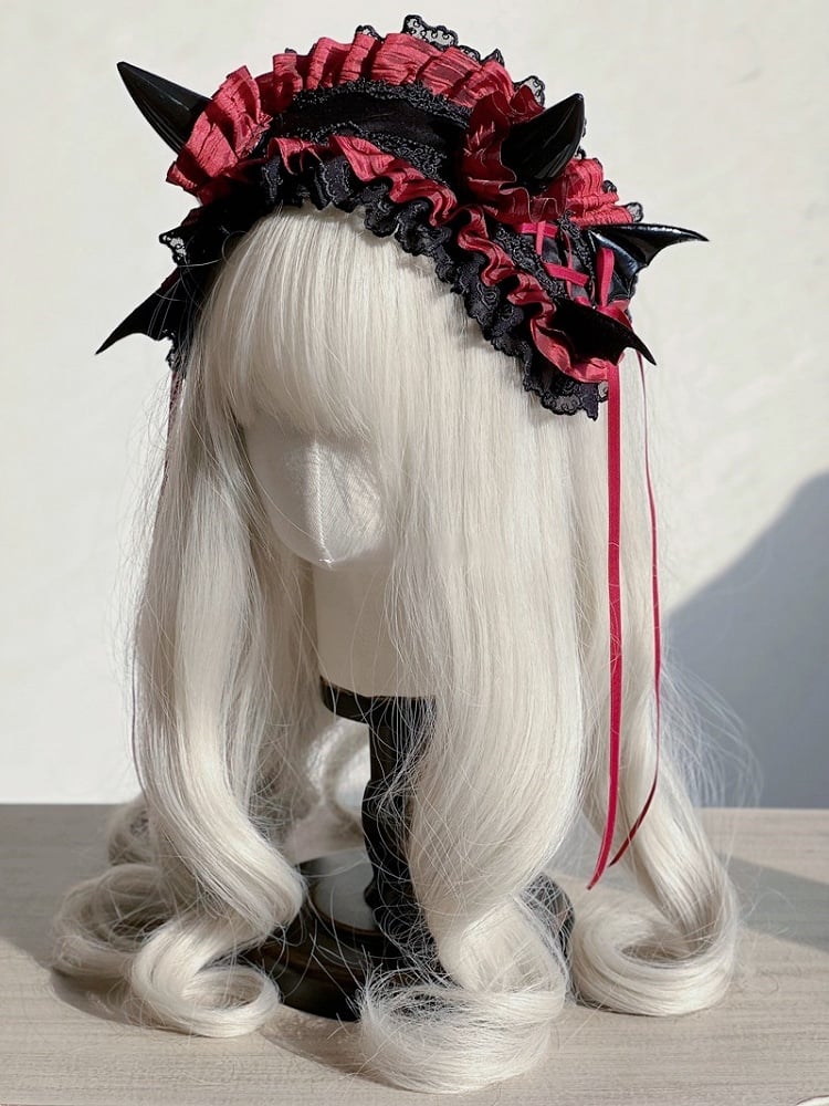 Lace Gothic and – Horn Ruffles Accents Hairband Black with Devil