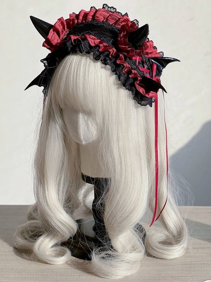 Lace Gothic and – Horn Ruffles Accents Hairband Black with Devil