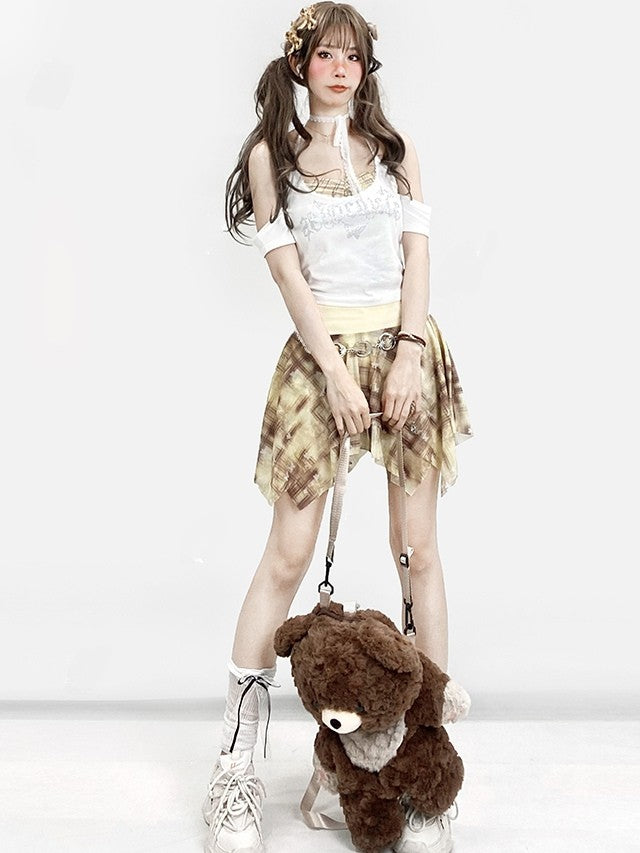 ハンカチ イエロー ウェイストランド スカート チェック柄 裾 グラマラス パンク バタフライ パターン プリント