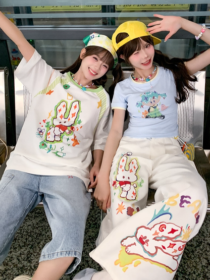 Tシャツ ホワイト ラウンドネック ゆったり 漫画 ウサギ プリント