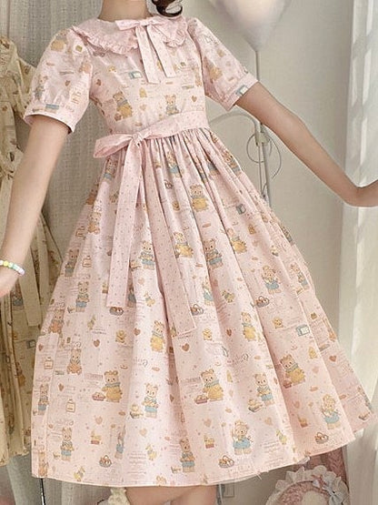 Version Bear Sweet Dress Print Short Sleeves Pink Lolita