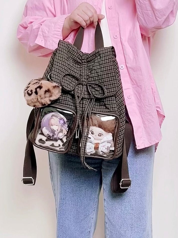 Chic Mini Ita Bow Charming Brown Bag Drawstring With Double-Layer