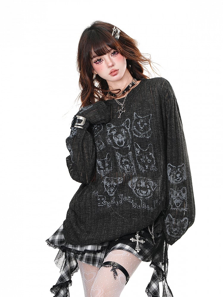 Schwarz/Beige, halbtransparentes, lockeres Oberteil mit Rundhalsausschnitt und Welpen- und Kätzchenmotiv