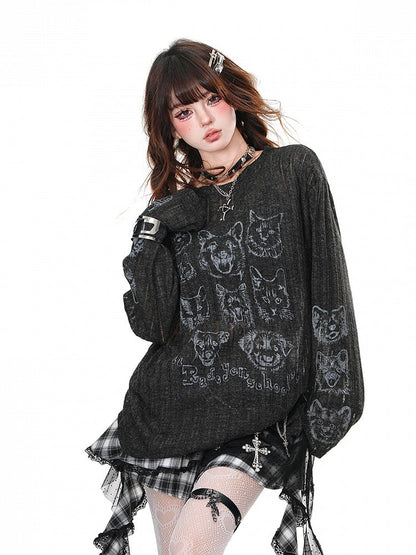 Schwarz/Beige, halbtransparentes, lockeres Oberteil mit Rundhalsausschnitt und Welpen- und Kätzchenmotiv