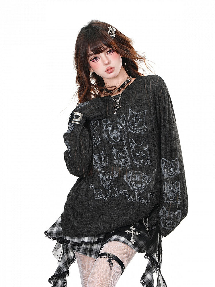 ネックパピーラウンドセミシースルートップとキティプリントルーズブラック/ベージュ