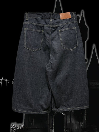 Cross Applique Design Shorts Dark Blue Distressed Holes Wide-Leg Cargo Y2K