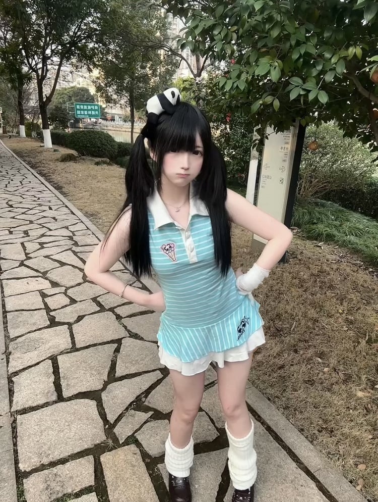 Striped with Partial Polo Blue Buttons Dress Heart-Shaped