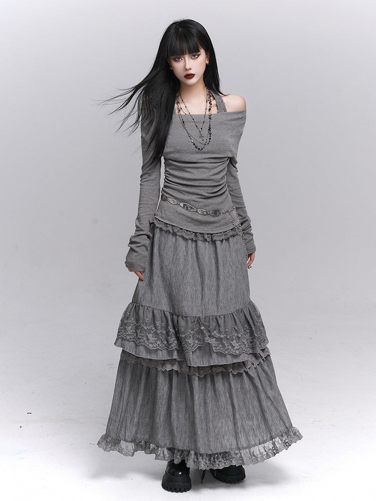 Lace Gray Two-Piece Faux Top Halter Trim with Neck Convertible Gothic Cowl