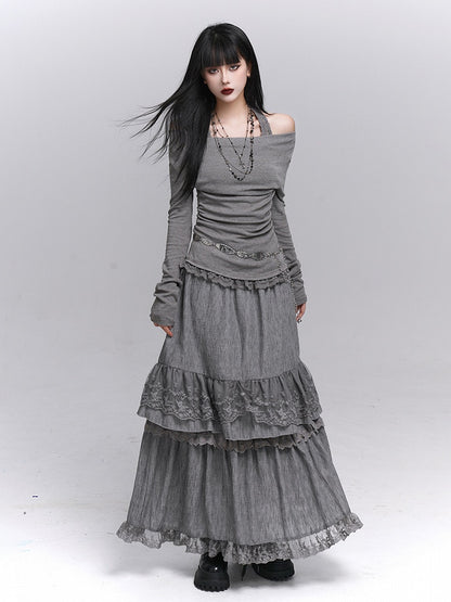 Lace Gray Two-Piece Faux Top Halter Trim with Neck Convertible Gothic Cowl