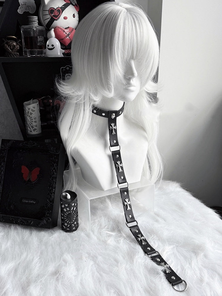 Chain Choker Punk Black/Red PU Cross Embellished Stud and