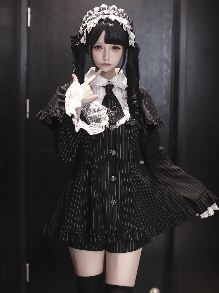 Embroidered Detachable Sleeves Black Bell with Ensemble Tie - Mini Dress Cape Shorts Kei Striped Jirai