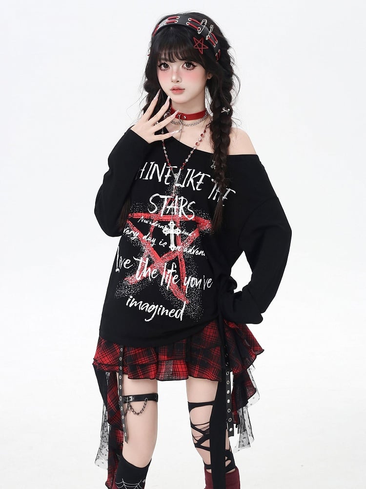 トップス ブラック アシンメトリーネックライン スター グラフィティプリント ルーズ