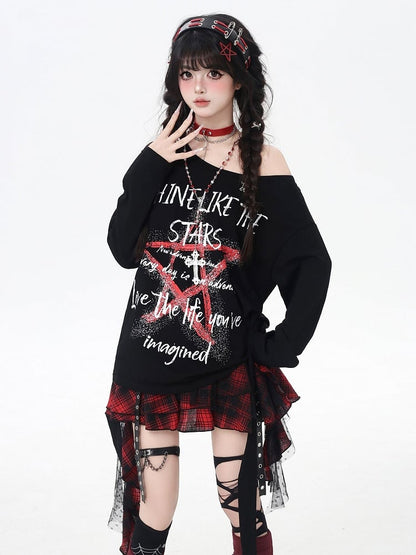 トップス ブラック アシンメトリーネックライン スター グラフィティプリント ルーズ