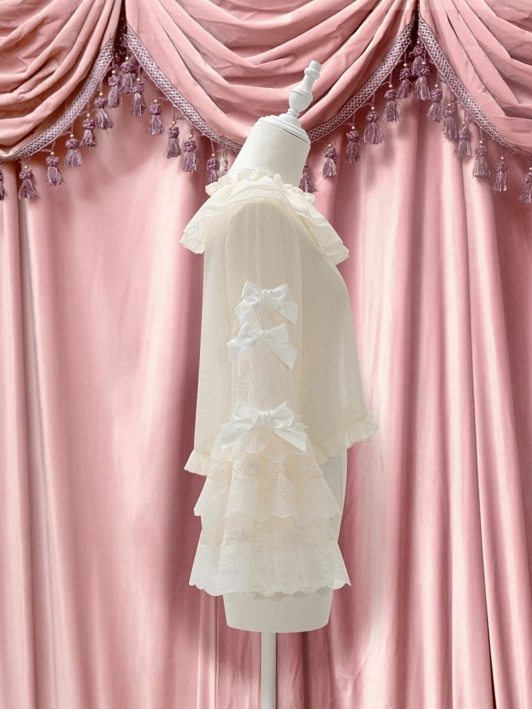 Sleeves Lolita Lace Blouse Accents Bow Beige with Bell