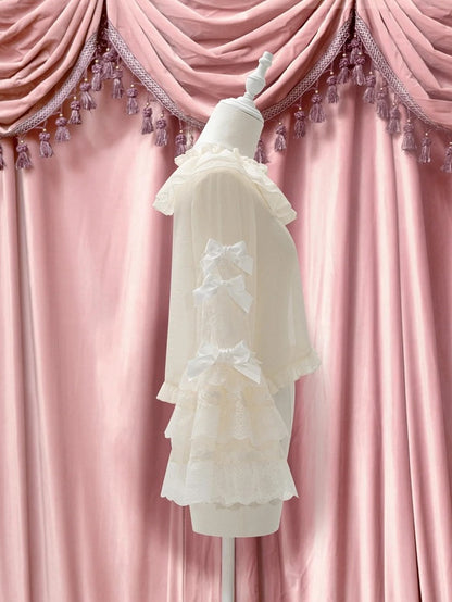 Sleeves Lolita Lace Blouse Accents Bow Beige with Bell