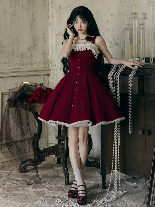 Kleid Fit Lolita Slim Fashion Taille Rot Elegant