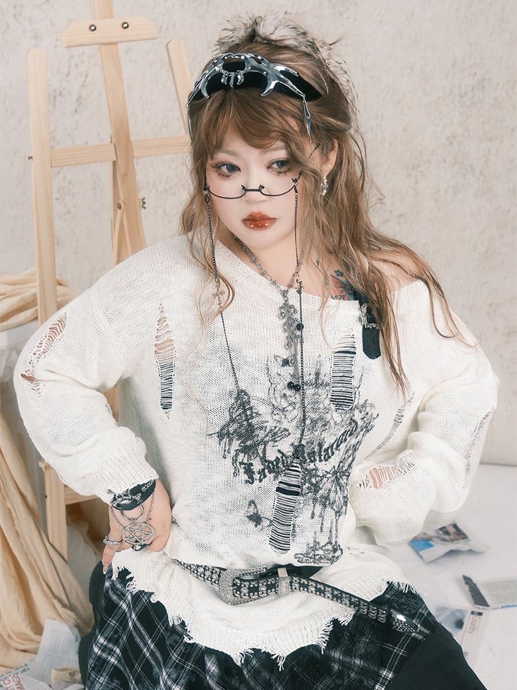 Top Plus Distressed Knit Print Butterfly White with Size Details Asymmetrical Neck