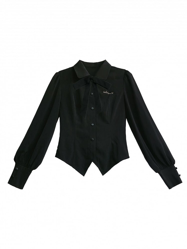 Langes schwarzes Hemd mit Schleife und eleganter Ärmelkrawatte