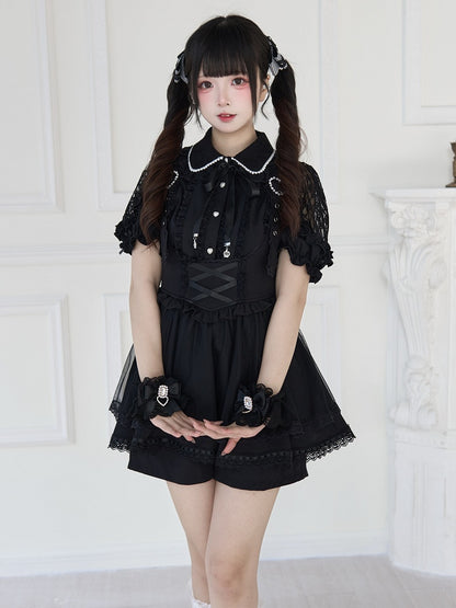 Schwarz-weiße Jirai Kei-Armmanschetten aus Spitze mit Schleife und Strass-Akzenten, Rosa/Weiß/