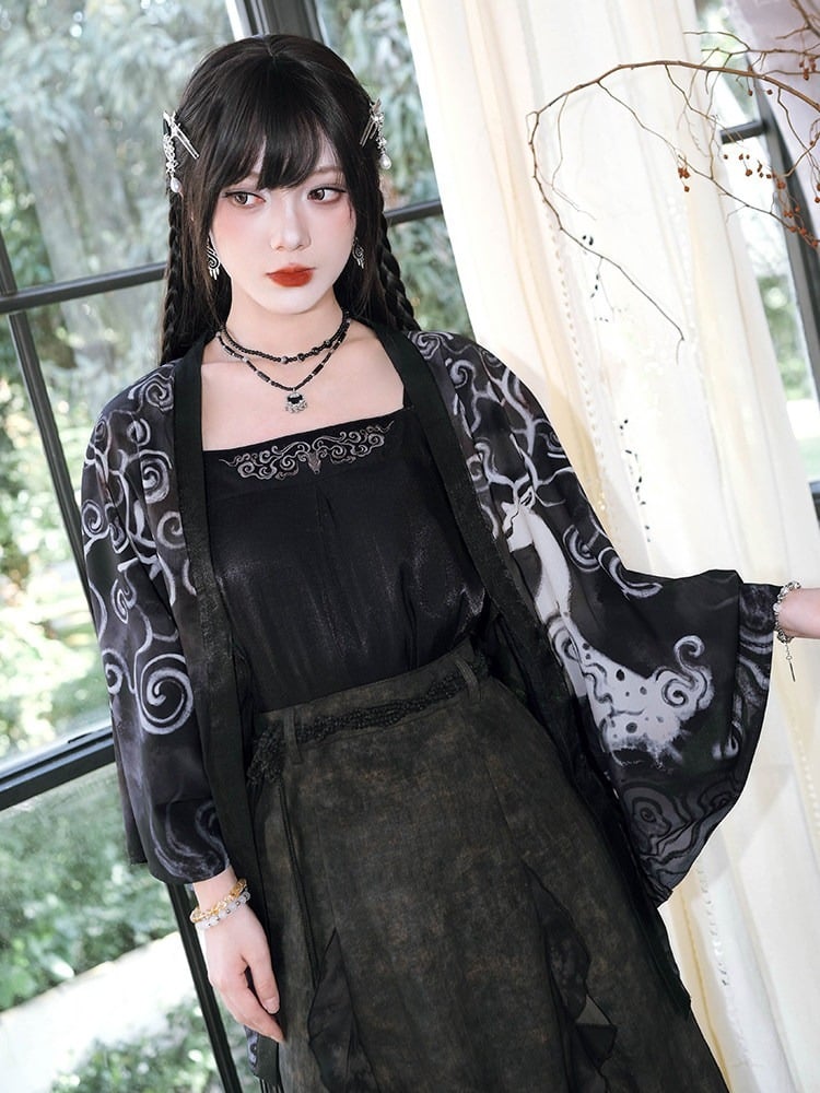 Chinese Gothic Black Chiffon Cardigan with Deer Print - Quirky Hut