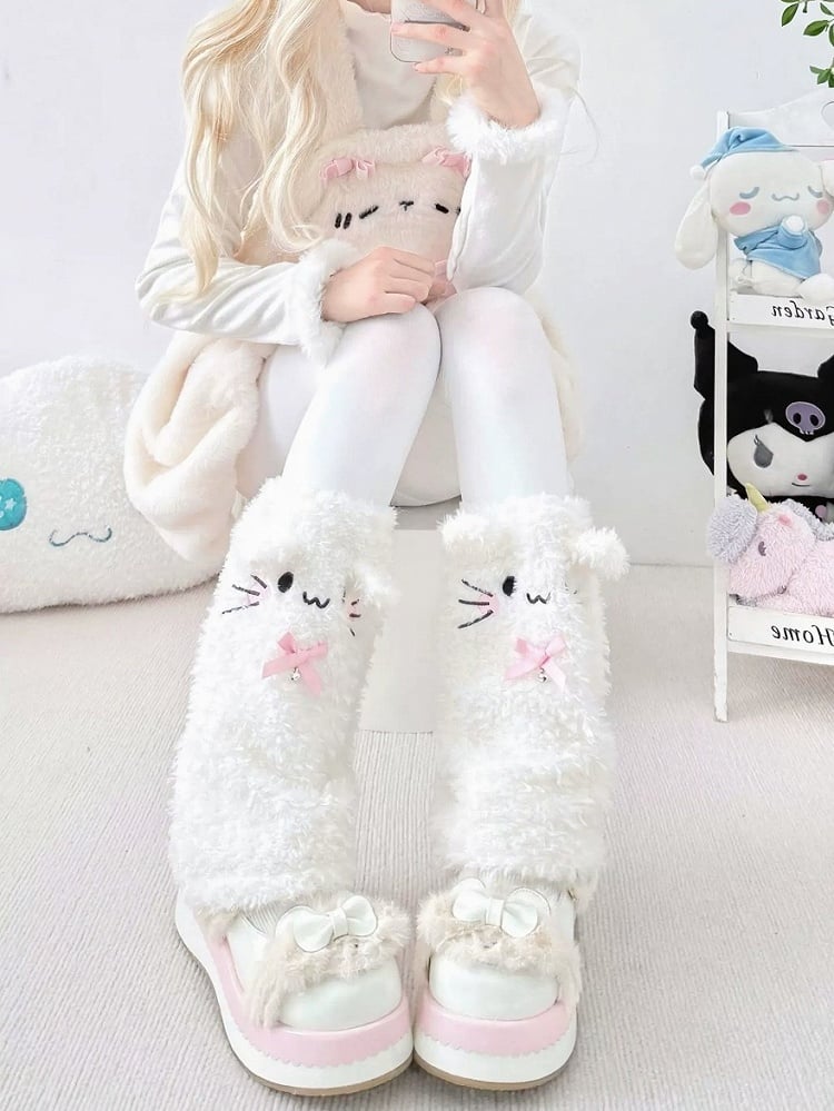 Fluffy Warmers with White Bows Leg Cat Pink