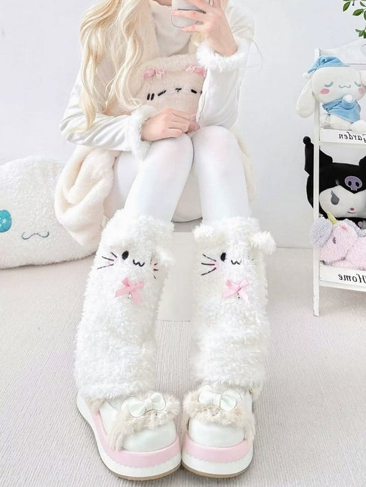 Fluffy Warmers with White Bows Leg Cat Pink