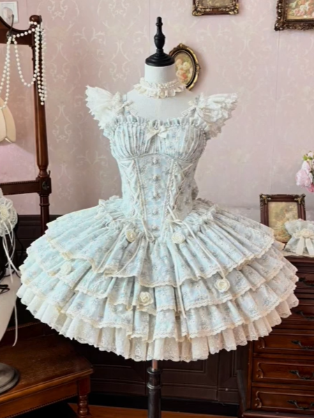 Vintage Blue Floral Print Lolita JSK Dress Short Edition with Lace Details - Loli Cat
