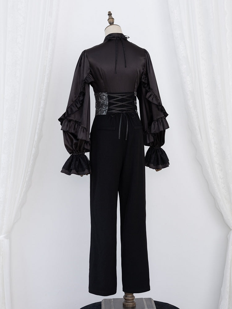 All-Black Ruffled Bodice Shirt with Flounce Trim and Long Sleeves - DevilInspired Exclusive Collection