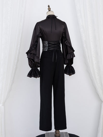 All-Black Ruffled Bodice Shirt with Flounce Trim and Long Sleeves - DevilInspired Exclusive Collection