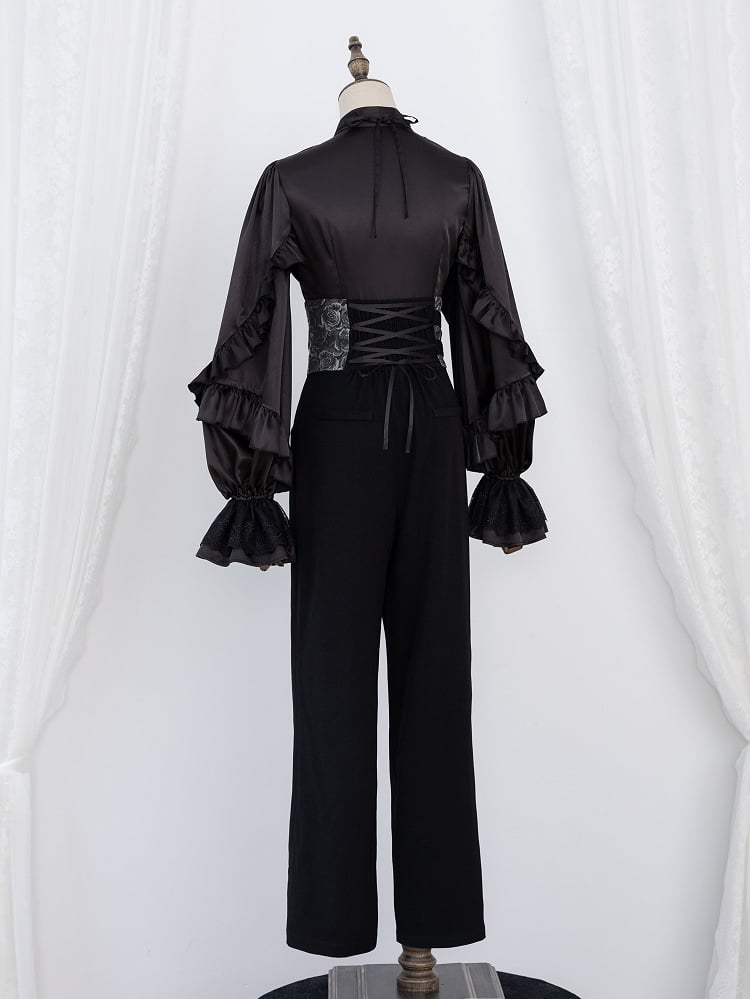 All-Black Flounce Trim Shirt with Cascading Ruffles - DevilInspired Exclusive Collection