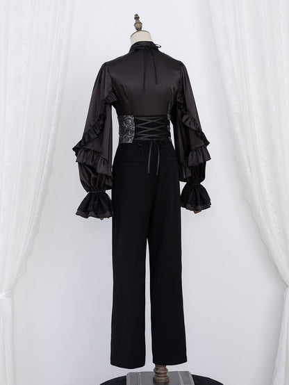 All-Black Flounce Trim Shirt with Cascading Ruffles - DevilInspired Exclusive Collection