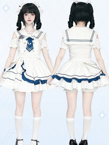 with Tiered Sailor Collar Cutout Shoulder Top Skirt White and