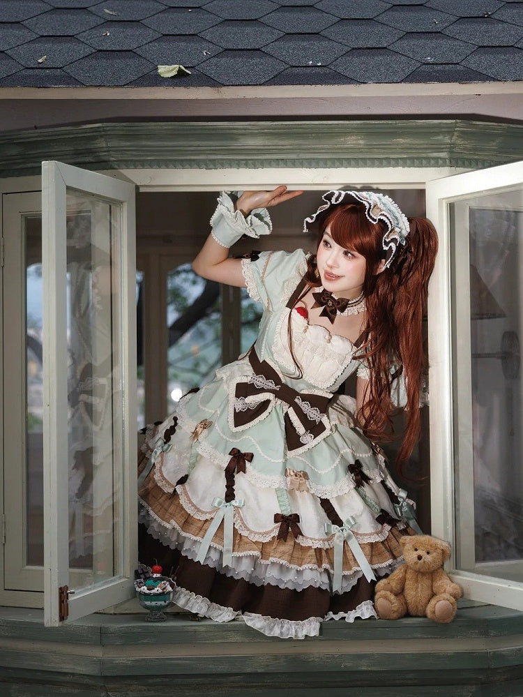 Neckline Bowknot Puff Dress Chocolate Sleeves Details Green Lolita Mint and Square Sweet