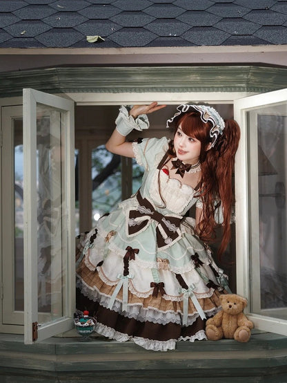 Neckline Bowknot Puff Dress Chocolate Sleeves Details Green Lolita Mint and Square Sweet