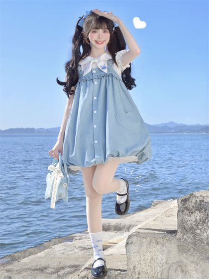 Blue Heart Buckle and Pocket Bunny Tail Detail  Bubble Skirt Overalls