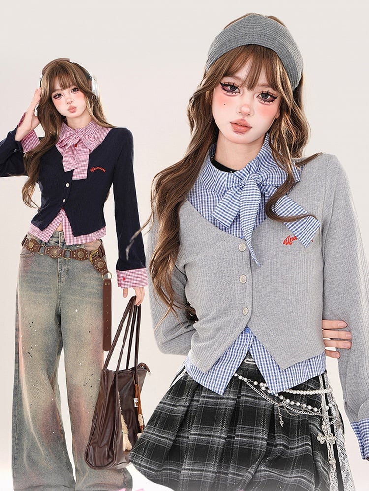 Grey/Navy Blue Plaid Patchwork Faux Two-piece Cardigan