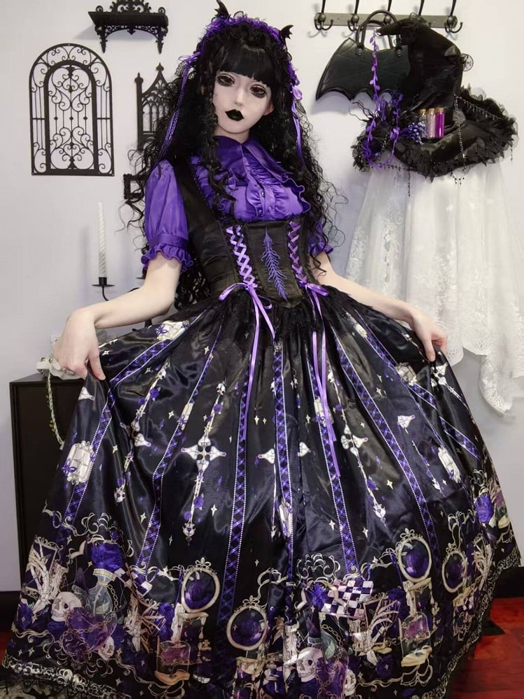 Purple Rosette and Skull Print Gothic Lolita Corset Under Bust JSK Dress - Sweetheart Love Song