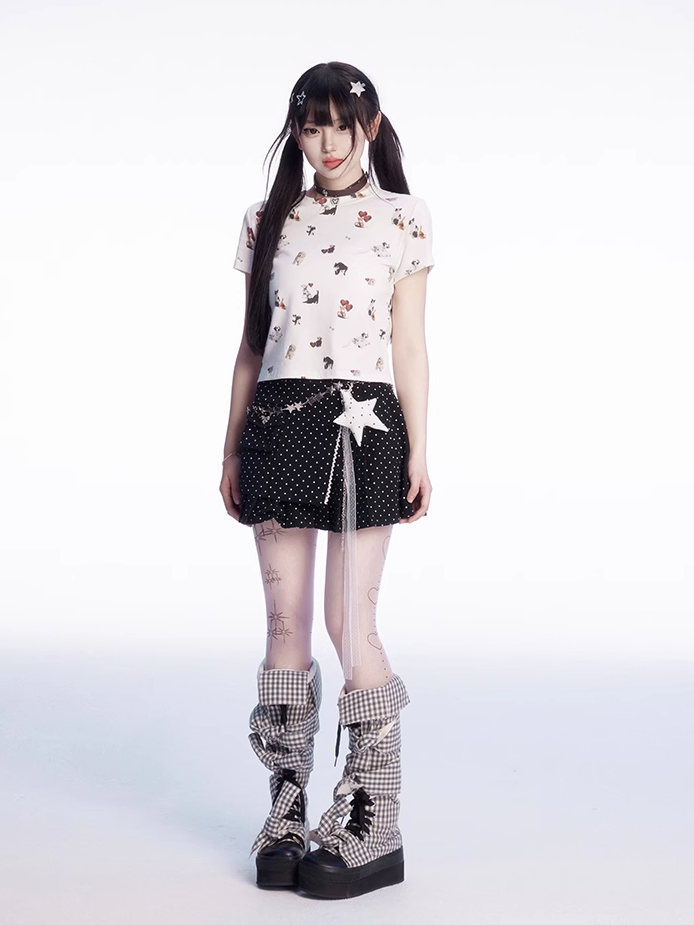 ドット柄 太もも丈スカート ブラック ポルカ