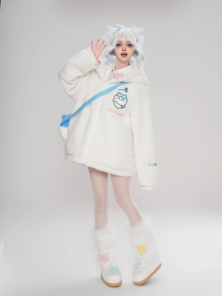 Blue Cartoon Print White Kitty Hooded Ears With Coat Fleece