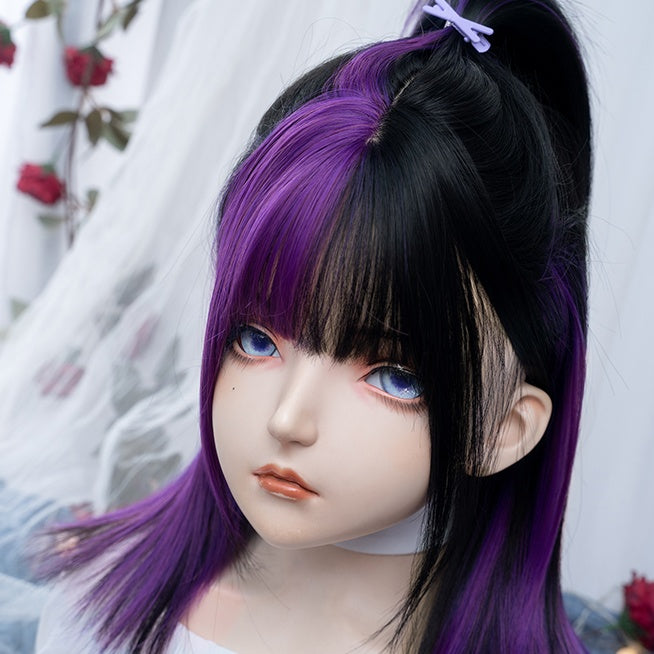 Black And Purple Highlights 47CM Above Bust Length Straight Wig With Bangs
