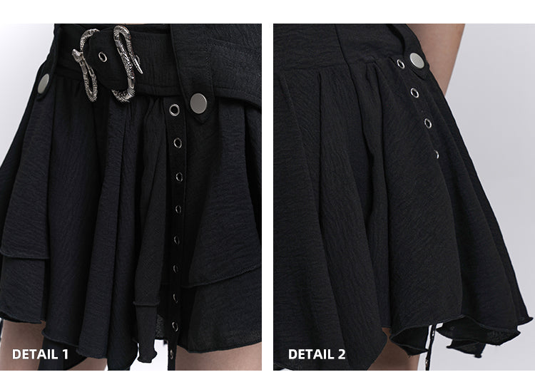 ブラックサーペンタインベルト付きアシンメトリーヘムティアードスカート