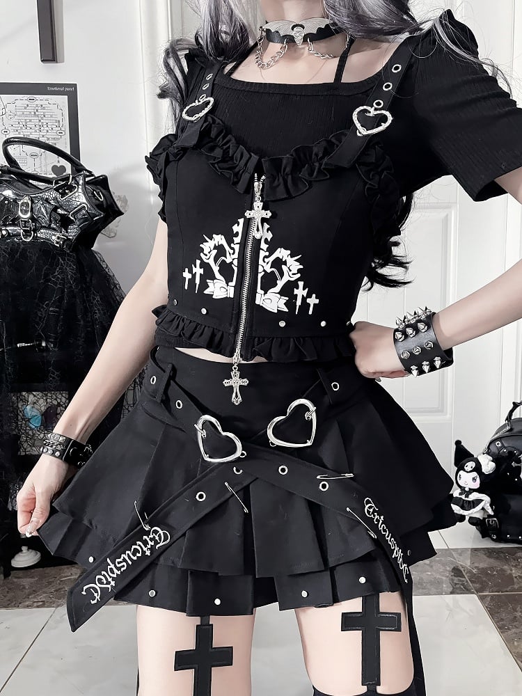 Black Gothic Tiered Ruffle Skirt with Crossed Heart Buckle Belt