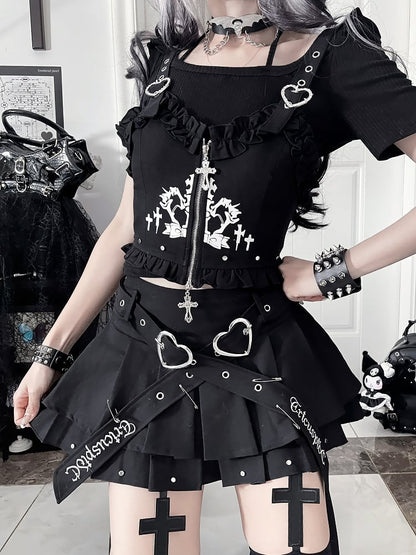Black Gothic Tiered Ruffle Skirt with Crossed Heart Buckle Belt