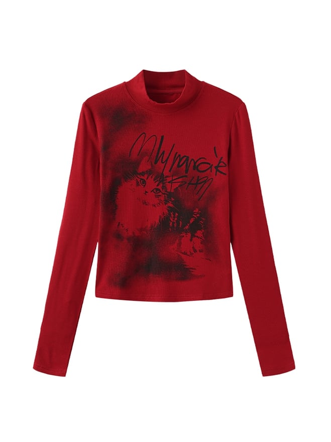 Red - Long Neck Top Design Sleeves Mock Kitten Letter Print Y2K