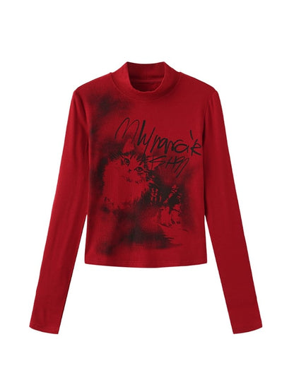 Red - Long Neck Top Design Sleeves Mock Kitten Letter Print Y2K