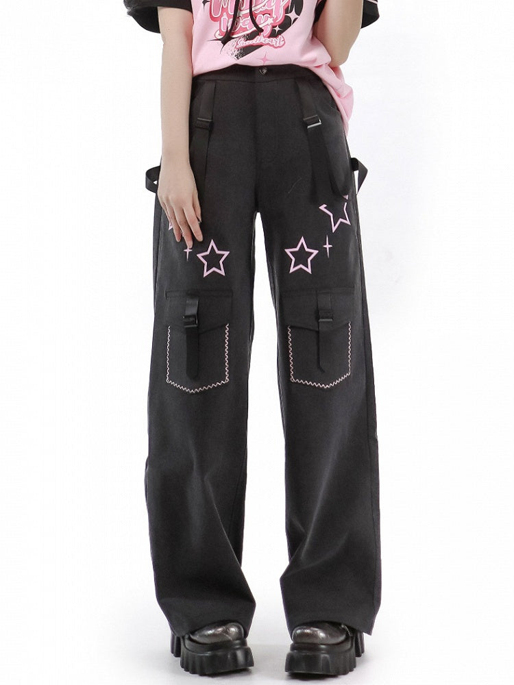 Gray Jeans Straps Stars with Dark Print