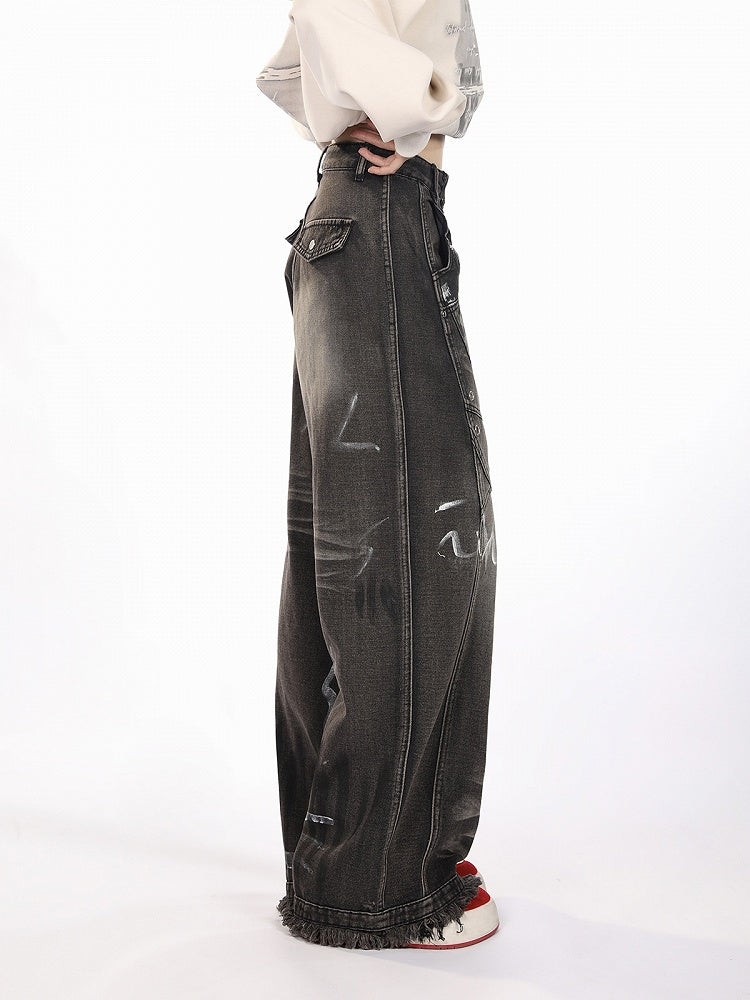 Black Closure Lines Visible Zipper Tie-Dye Graffiti Wide-Leg Jeans with Flowing