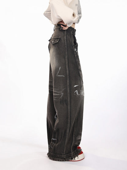 Black Closure Lines Visible Zipper Tie-Dye Graffiti Wide-Leg Jeans with Flowing