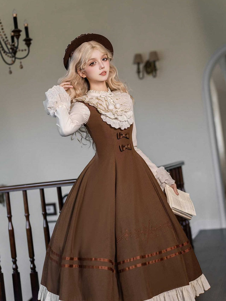 Version Elegant Embroidery Note Violin Lolita and Long Brown Dress Classic Musical
