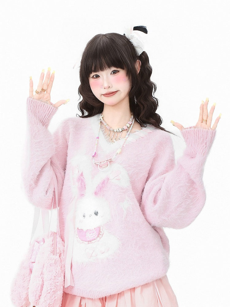 Decorative Motif Strap Sweater Kawaii V-neck Bunny Self-tie - Daily Blue/Pink